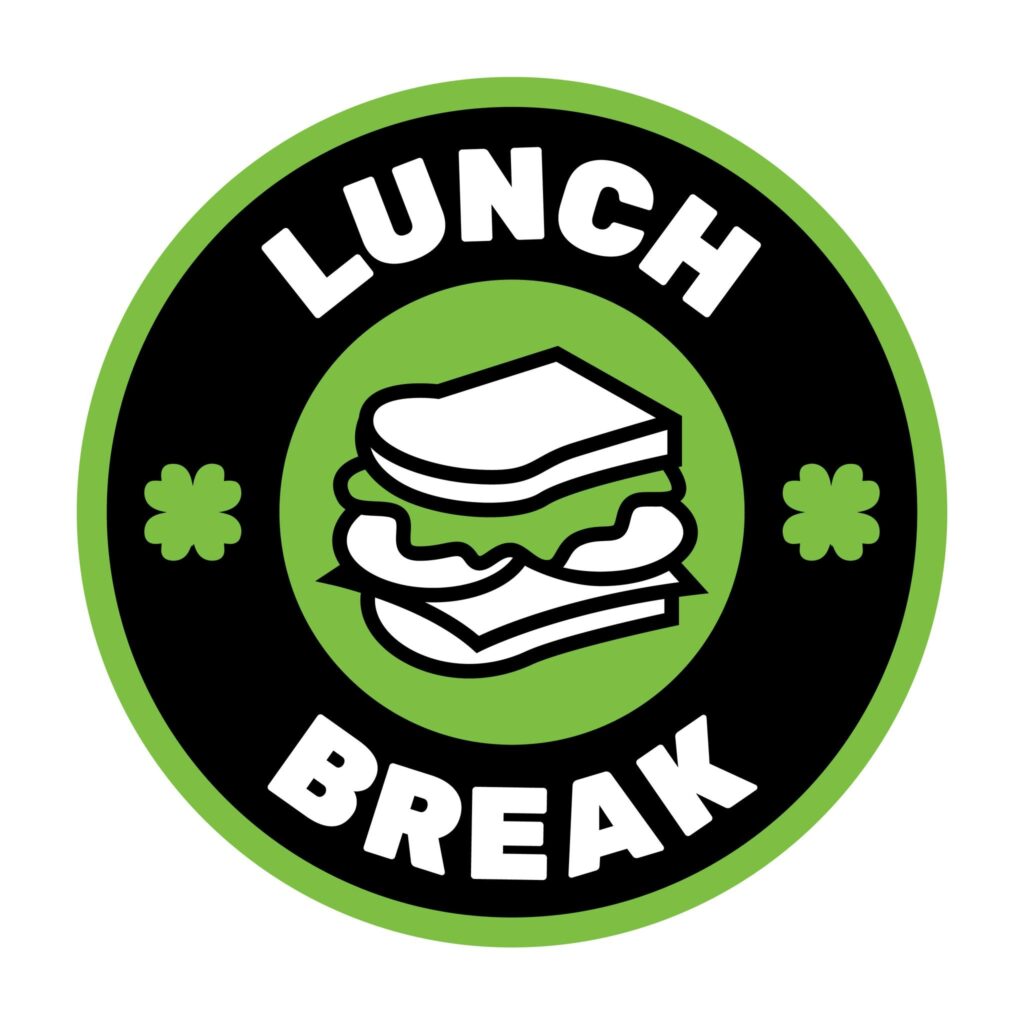 lunch break llc logo in white block letters on a black and green background